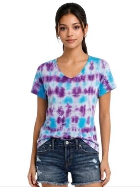 Gildan Purple V-neck Short Sleeve Tie-Dye T-shirt Size XL